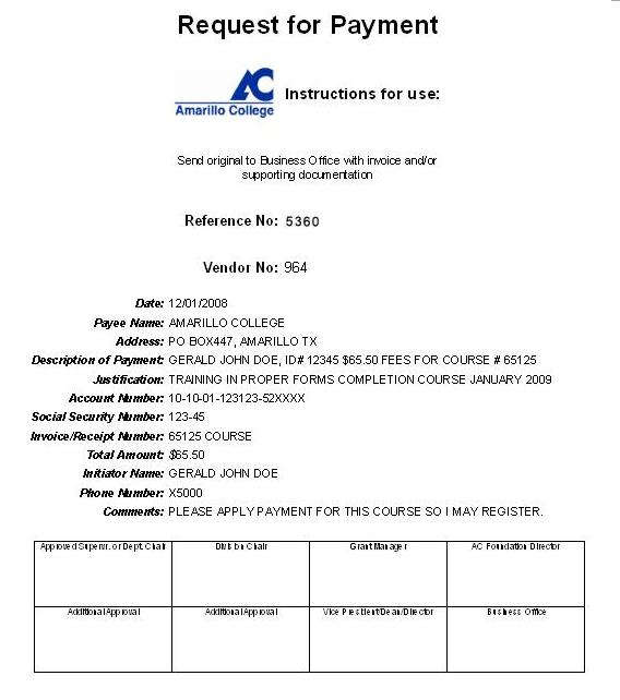 Sample of Request for Payment for fees.