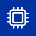 Information Technology Icon - White outlined computer processor chip on blue background