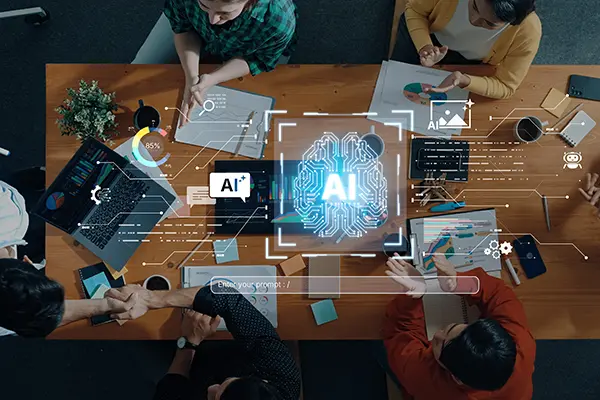 Business people around a table surrounding a Group_Surrounding_a_generative_AI_brain.