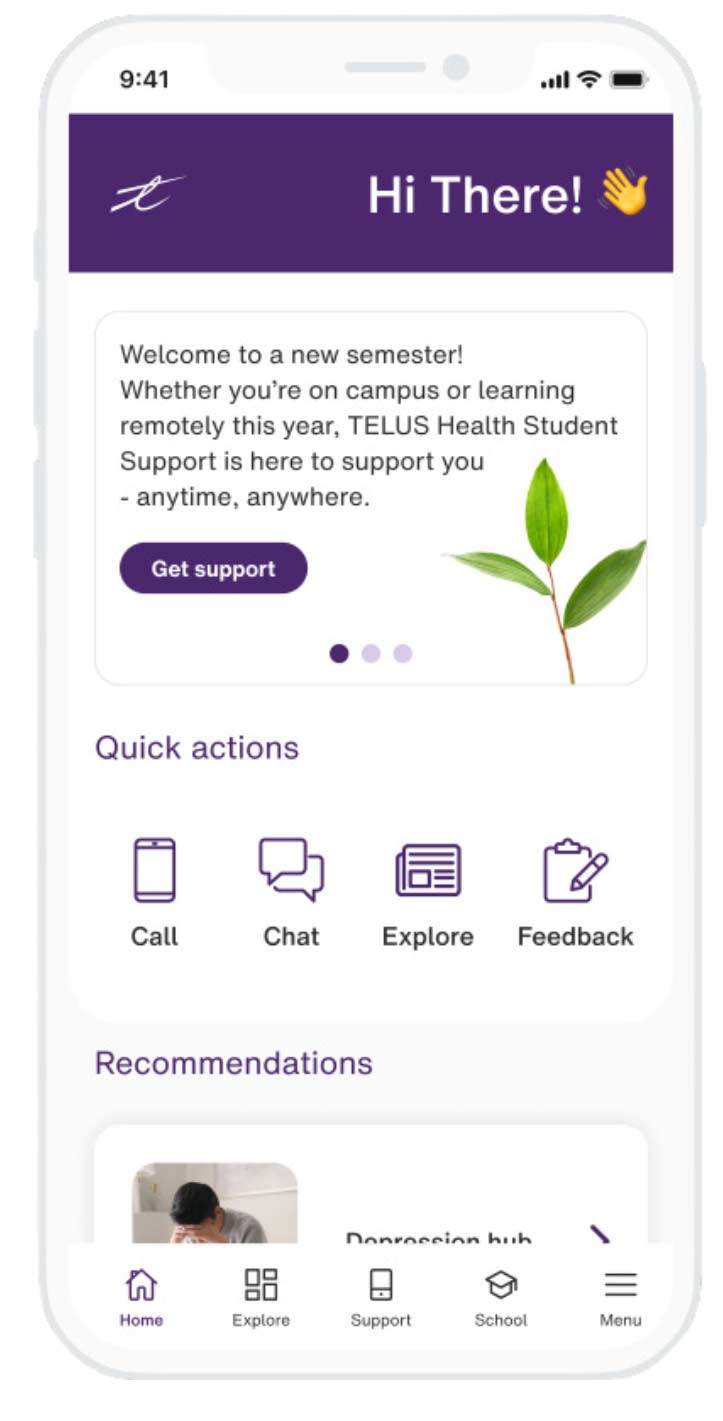 image is a screen shot of the home page of the TELUS Health Support app