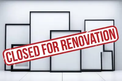 Periman Photo from Prevalent Paris Image depicts a gallery wall of empty frames with red words across it saying Closed for renovations