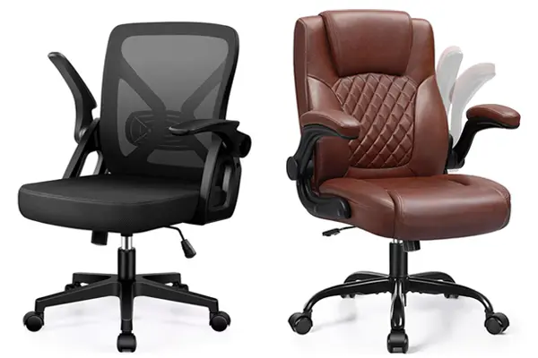 Two styles of ergonomic desk chairs. One black mesh task chair and a brown executive leather chair.