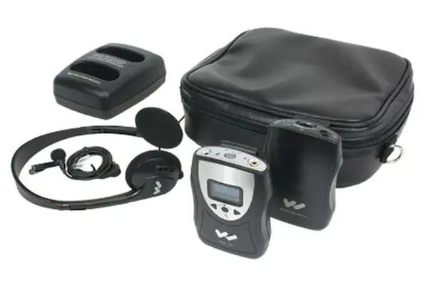 A portable assistive hearing device designed to amplify sound and cut through background noise.