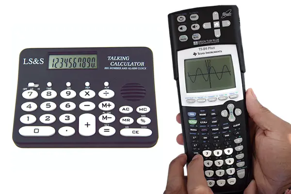 Image shows two different types of talking calculators side by side.