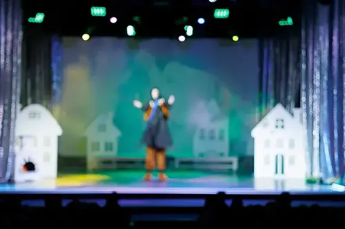 Blurry image of an actor on a theatre stage.
