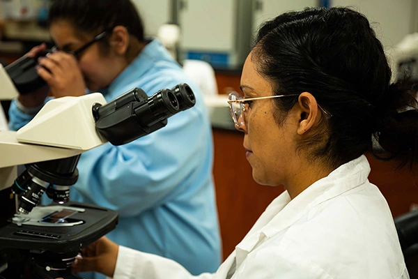 Two students wearing lab coats using a microscopes