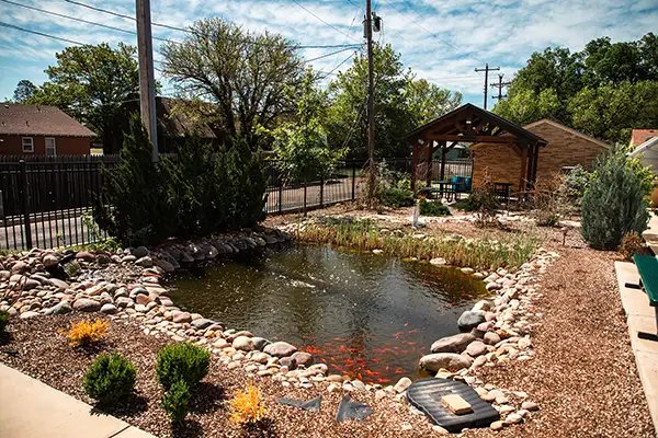 The outside area of the Research Center, with the pond, pergola, and plants.