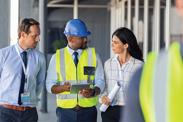 Image shows a diverse team of construction professionals reviewing project plans on a tablet