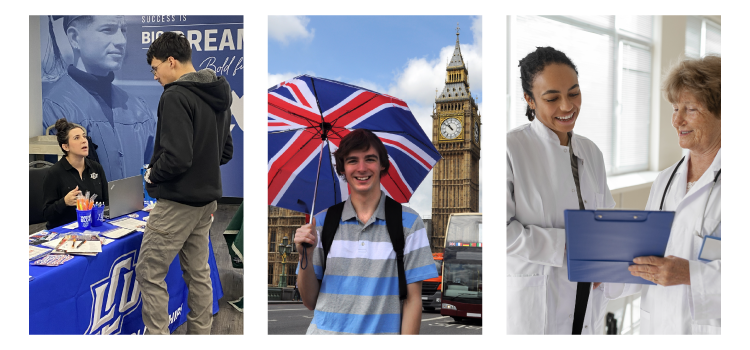 image depicts student talking to advisor plus one student in London plus one pharmacy student and professor